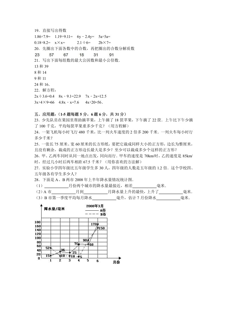 图片[2]-五年级数学下册苏教版下学期期中测试卷10-我要学科网