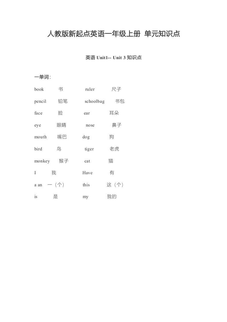 一年级英语上册单元知识点（人教一起点）-我要学科网