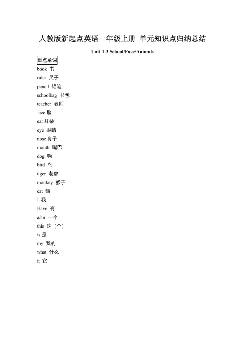 一年级英语上册单元知识点归纳总结（人教一起点）-我要学科网