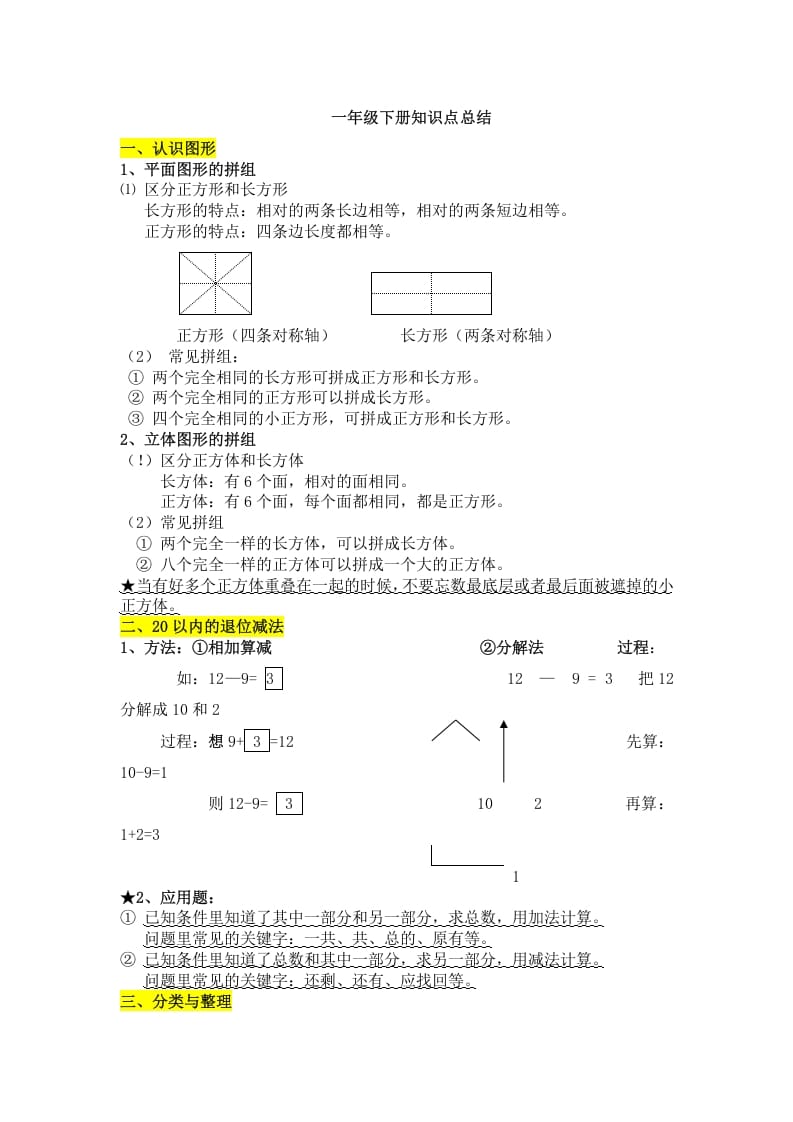 一年级数学下册知识点总结-我要学科网