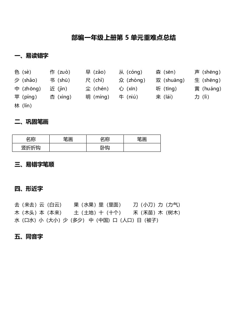 一年级语文上册-第5单元重难点知识总结（部编版）-我要学科网