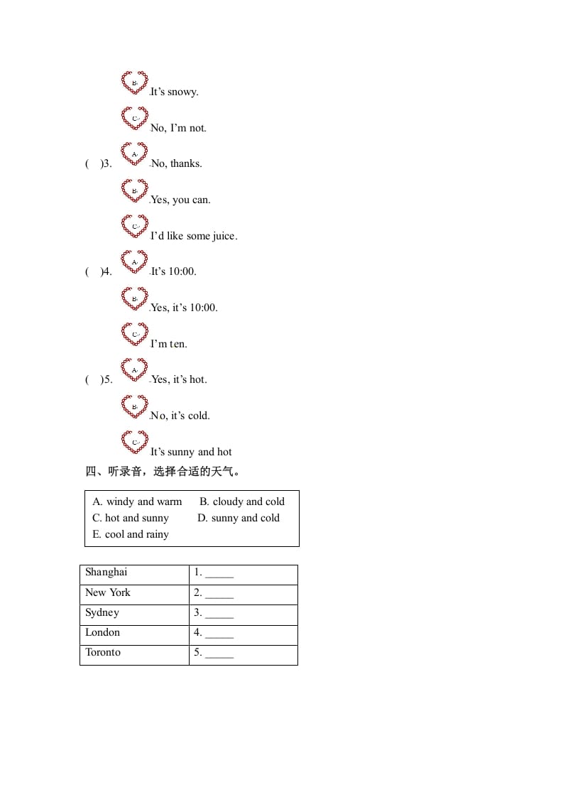 图片[2]-四年级英语下册Unit3WeatherPartB同步听力训练人教PEP版-我要学科网