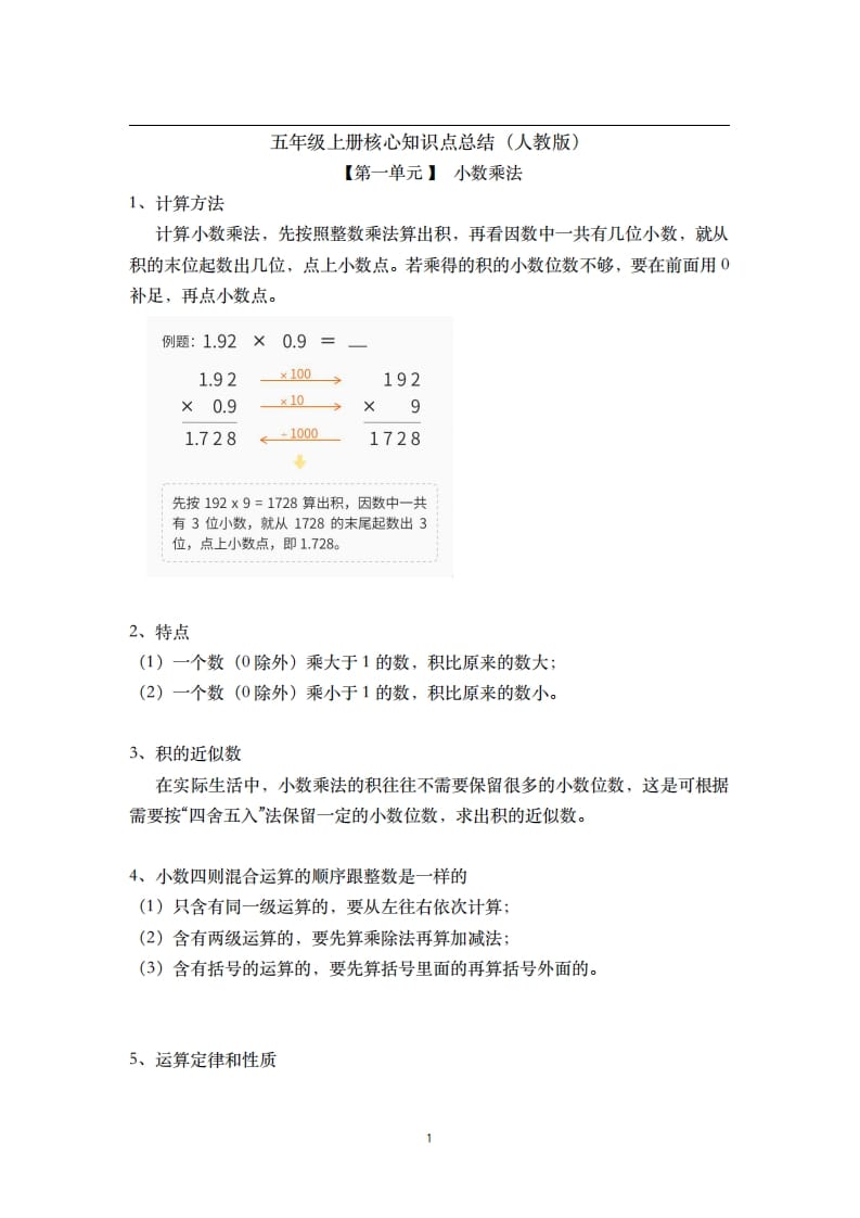 五年级数学上册-核心知识点总结（人教版）-我要学科网