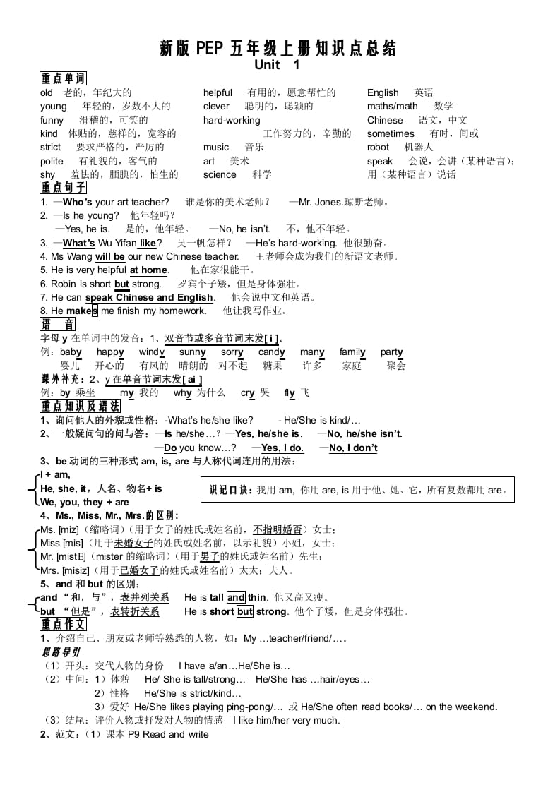 五年级英语上册PEP五年级英语知识点总结（人教版PEP）-我要学科网