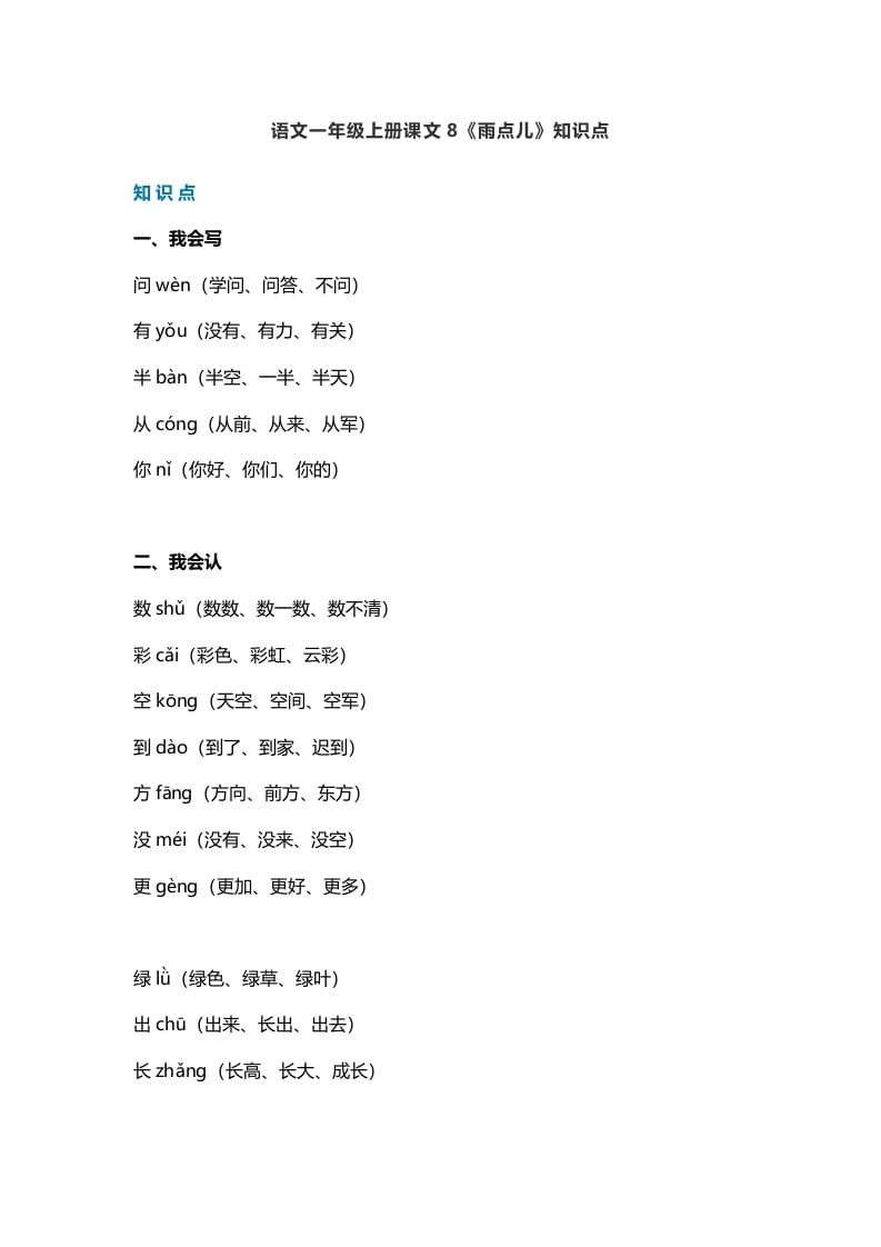 一年级语文上册31课文8《雨点儿》知识点（部编版）-我要学科网