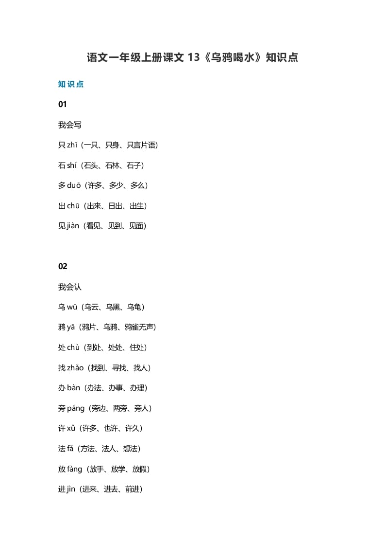 一年级语文上册36课文13《乌鸦喝水》知识点（部编版）-我要学科网