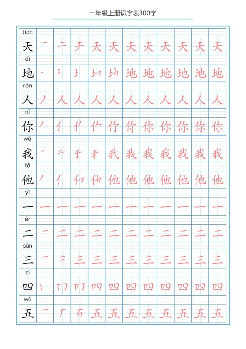 一年级语文上册识字表字帖（300字29页）PDF（部编版）-我要学科网