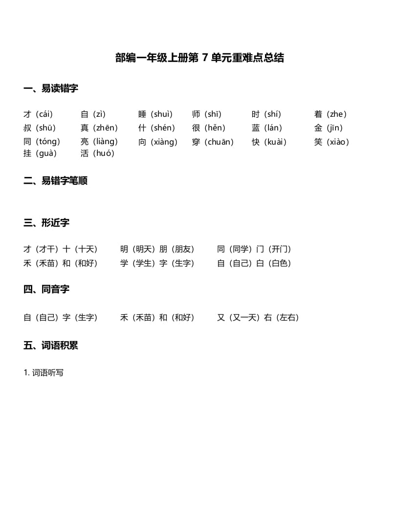 一年级语文上册-第7单元重难点知识总结（部编版）-我要学科网
