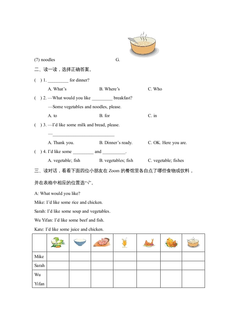 图片[2]-四年级英语上册Unit5_A_阶段训练（人教版一起点）-我要学科网