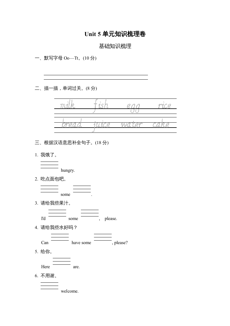 三年级英语上册Unit5单元知识梳理卷（人教PEP）-我要学科网