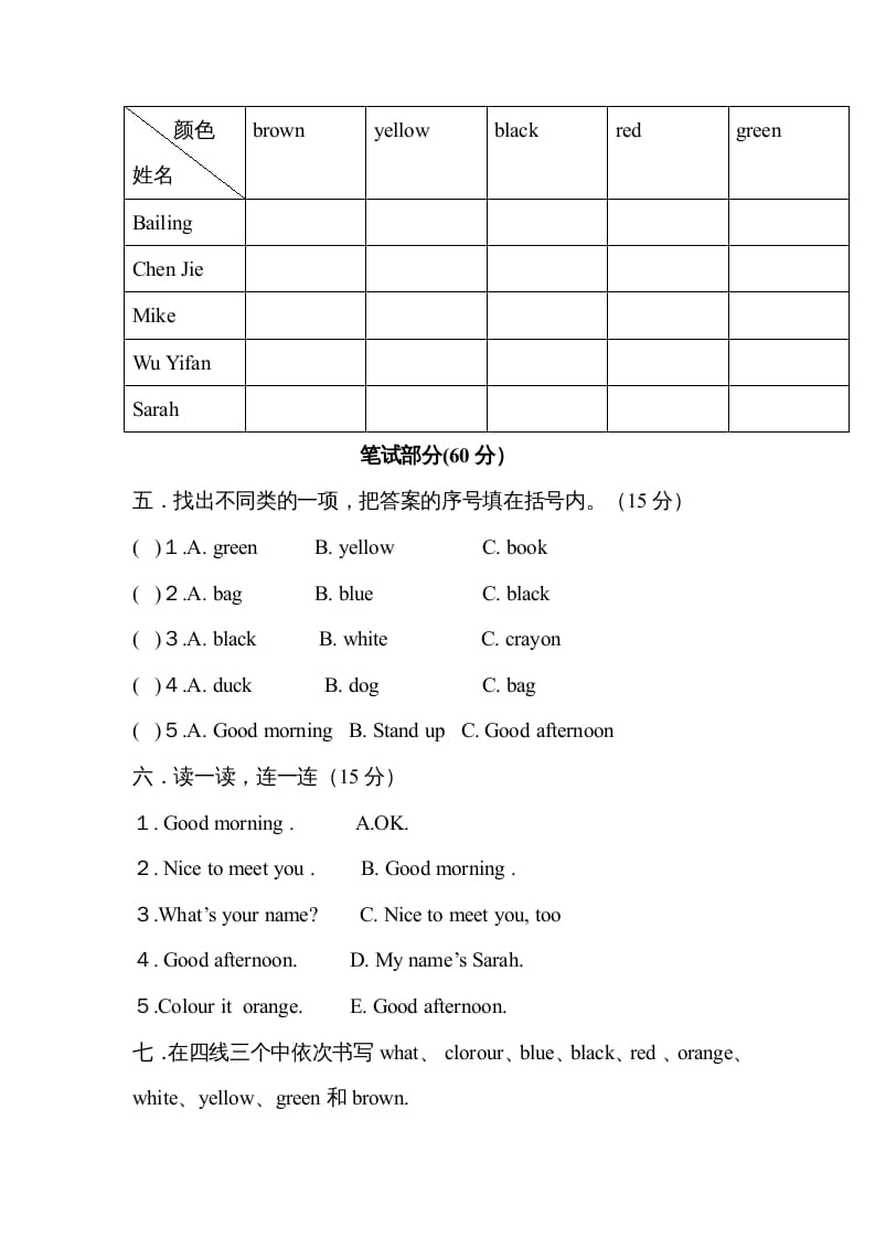 图片[2]-三年级英语上册Unit2colours单元测试及答案（人教PEP）-我要学科网