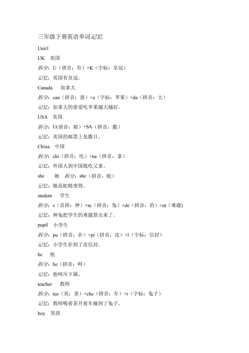 三年级英语下册素材-单词趣味记忆法｜人教（PEP）-我要学科网