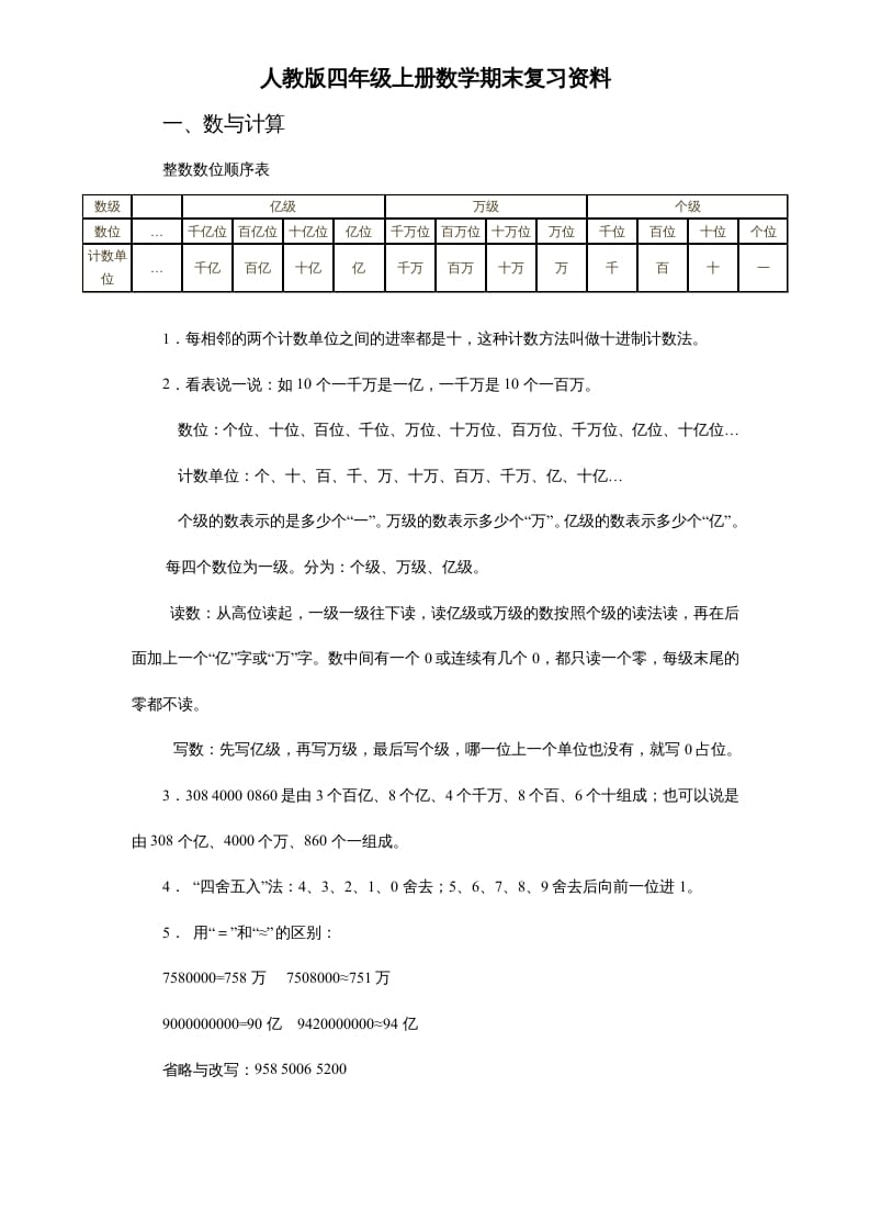 四年级数学上册人教版期末复习资料7页（人教版）-我要学科网