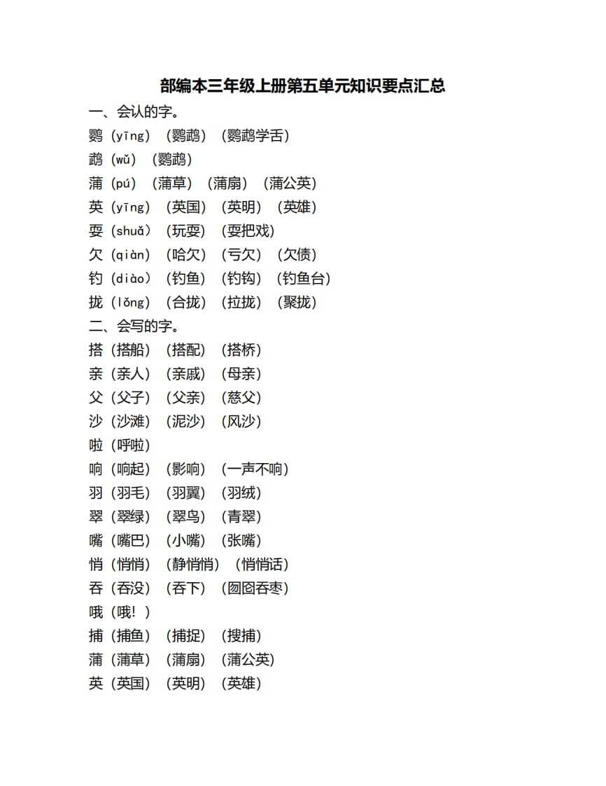 三年级语文上册第五单元知识要点汇总（部编版）-我要学科网