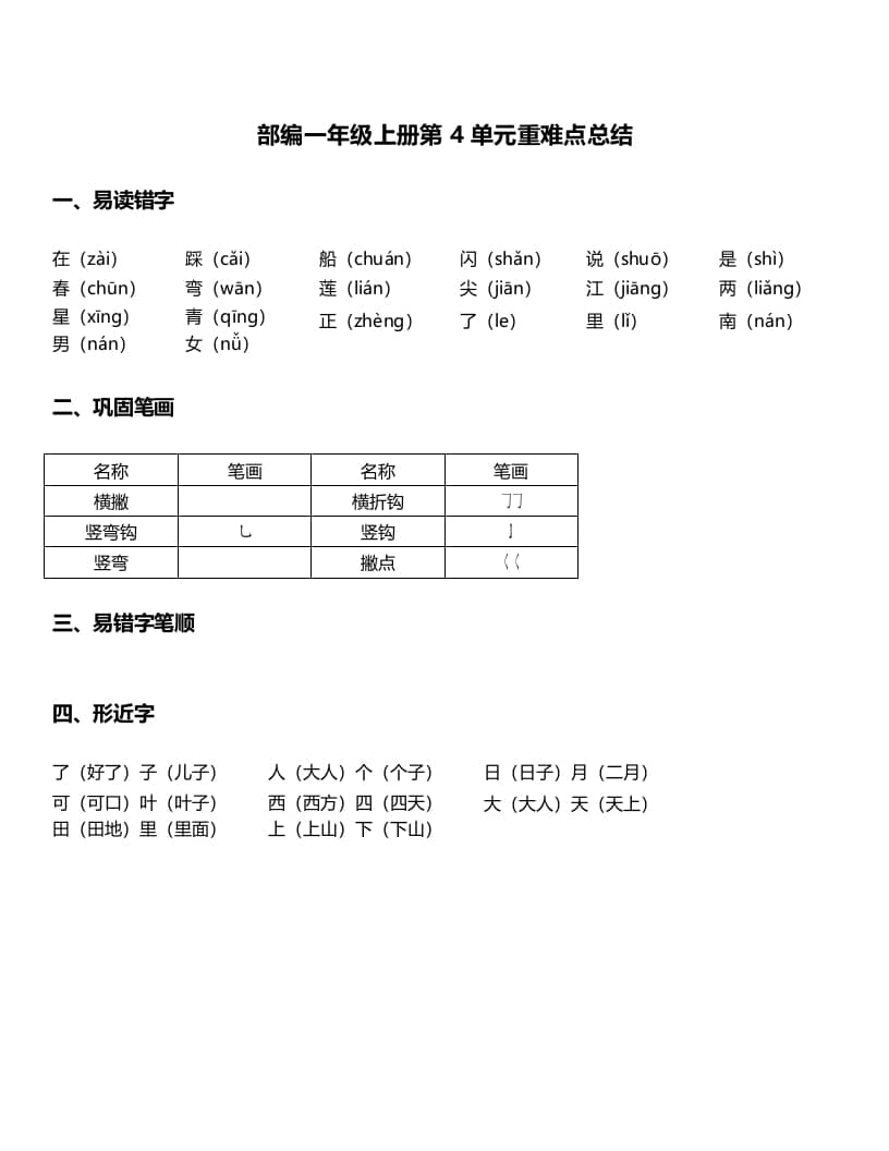 一年级语文上册-第4单元重难点知识总结（部编版）-我要学科网