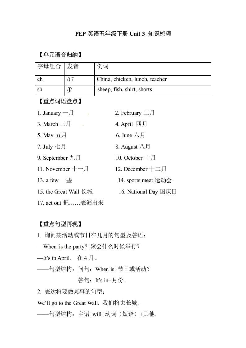 五年级数学下册英语单元知识梳理-Unit3Myschoolcalendar人教PEP-我要学科网