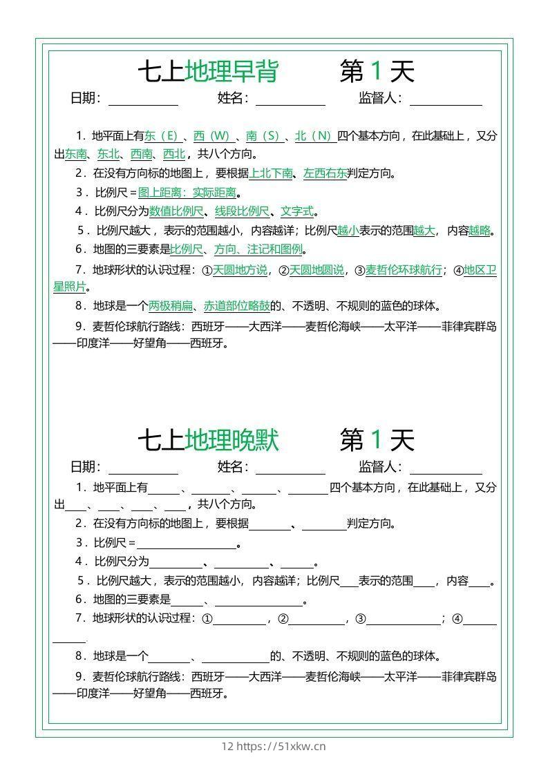 七上地理早背晚默14天-我要学科网
