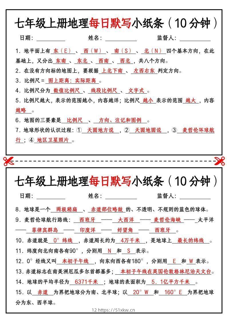 七年级上册地理每日默写小纸条（10分钟）-我要学科网