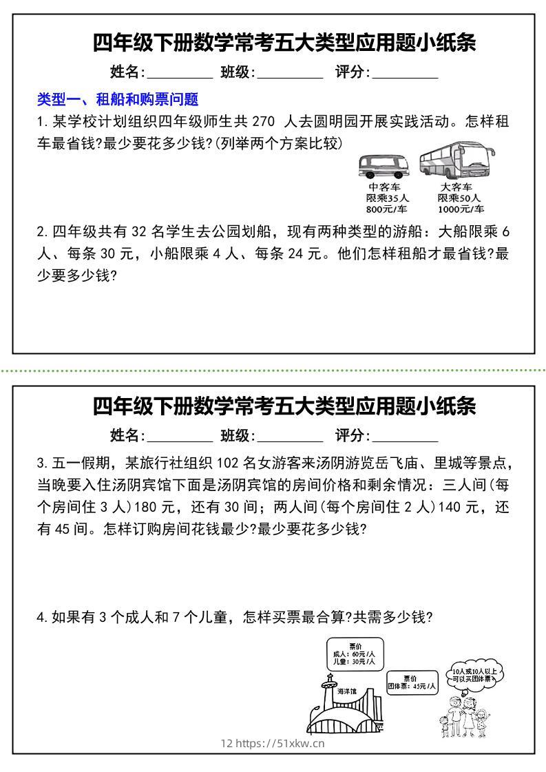 四下数学常考五大类型应用题小纸条-（通用版）-我要学科网