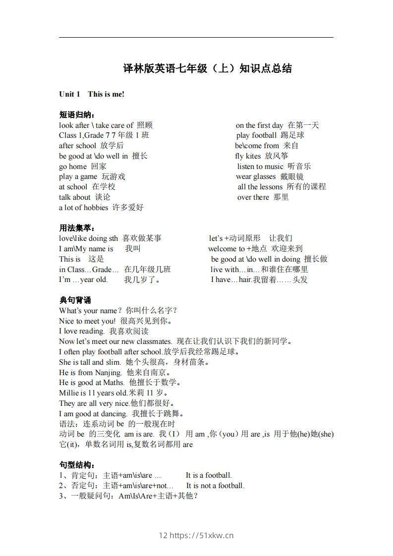 译林版英语七年级上册单元知识点总结(1)-我要学科网
