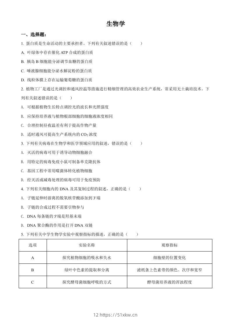 2021年高考生物试卷（辽宁）（空白卷）-我要学科网