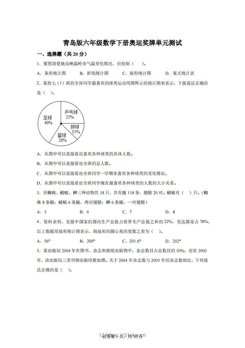 青岛63版数学六年级下册第五单元《奥运奖牌——扇形统计图》单元测试卷-我要学科网