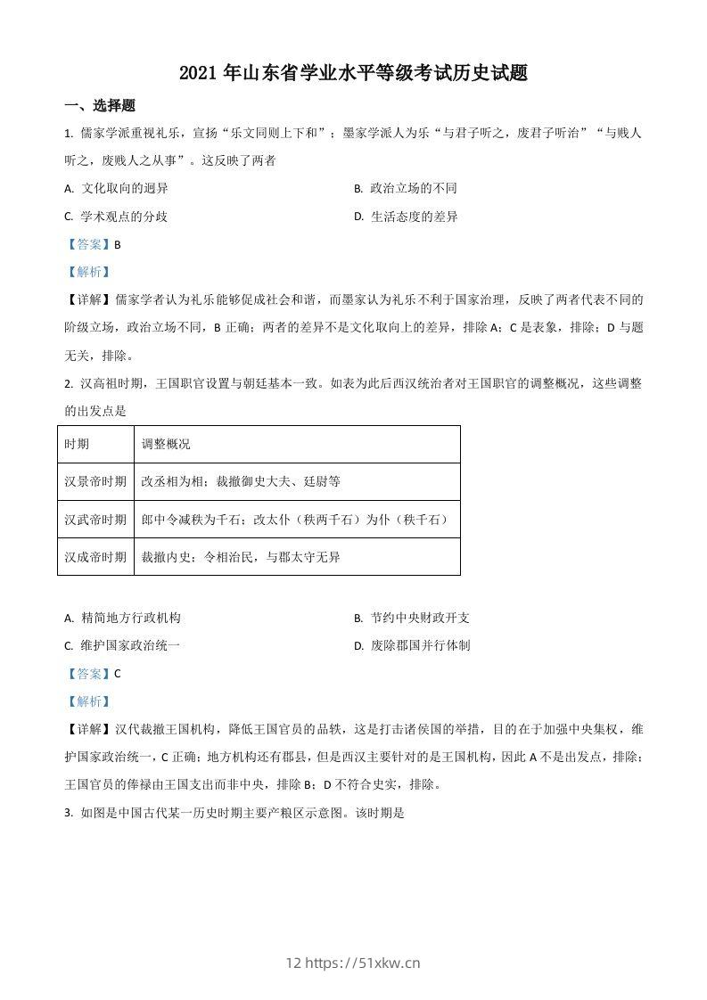 2021年高考历史试卷（山东）（含答案）-我要学科网