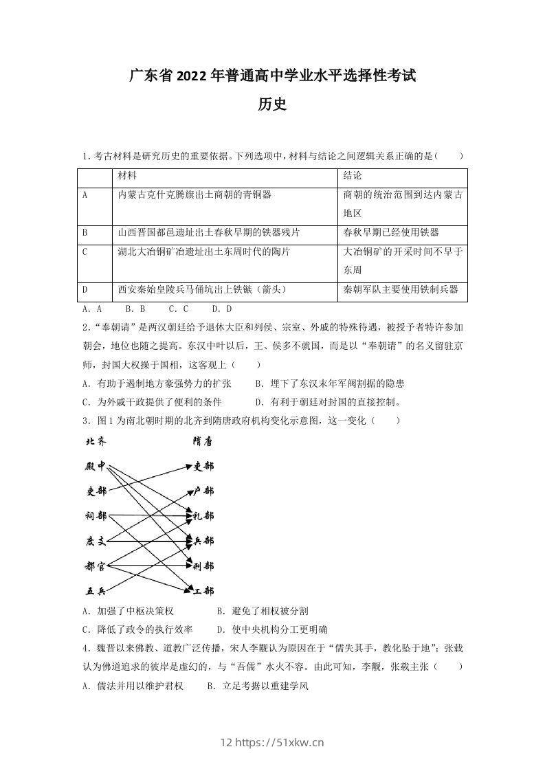 2022年高考历史试卷（广东）（空白卷）-我要学科网