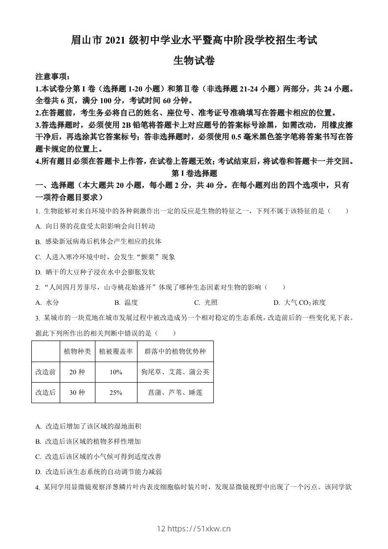 2023年四川省眉山市中考生物真题（空白卷）-我要学科网