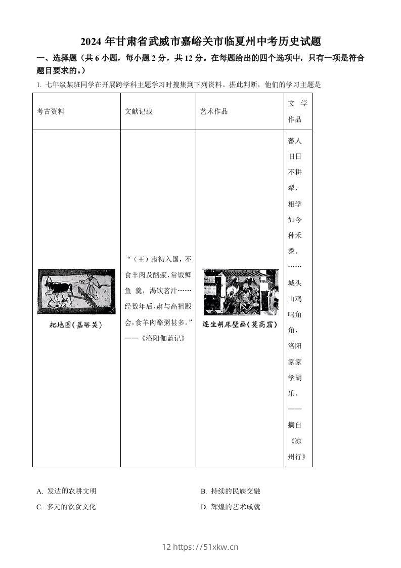 2024年甘肃省武威市嘉峪关市临夏州中考历史试题（空白卷）-我要学科网