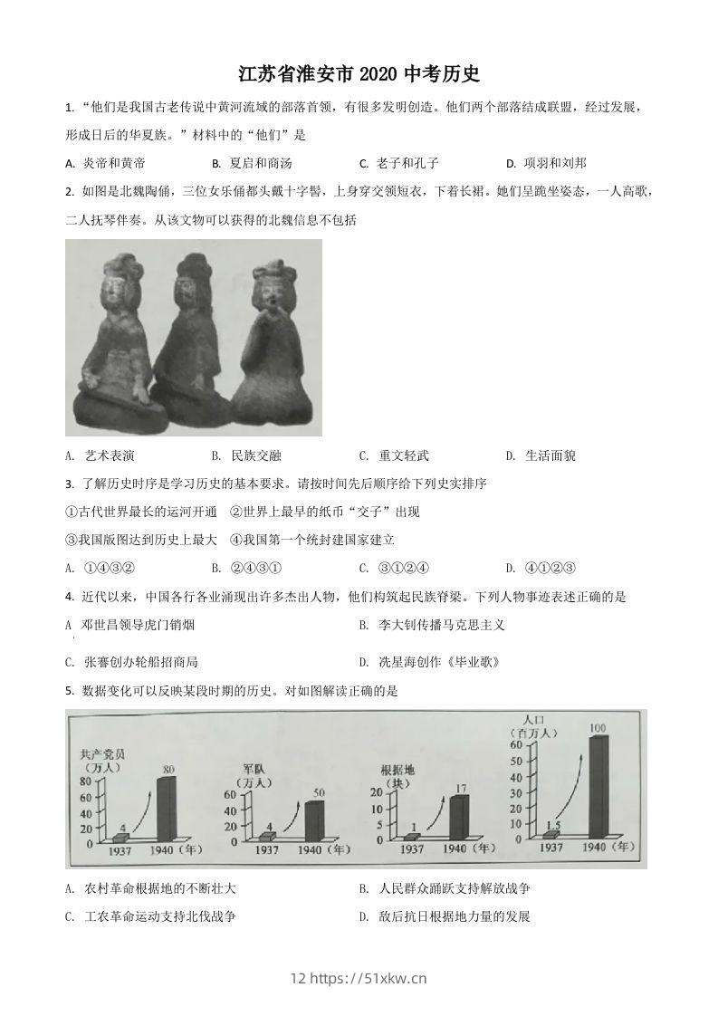 江苏省淮安市2020年中考历史试题（空白卷）-我要学科网