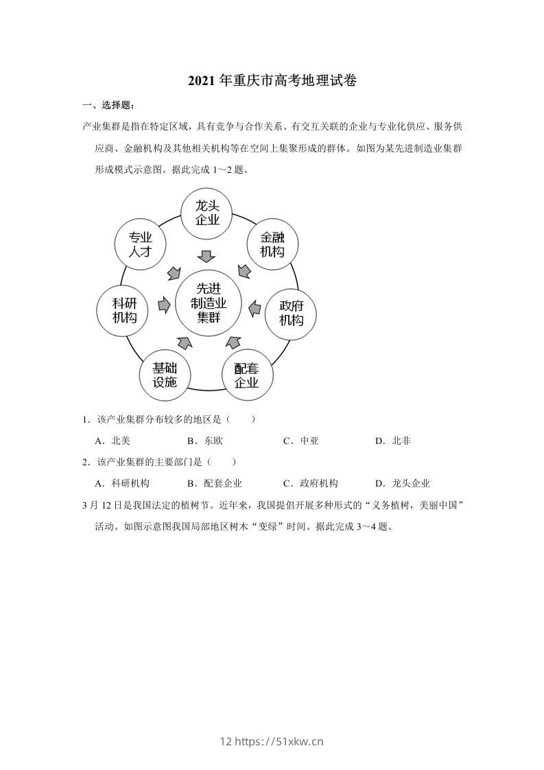 2021年高考地理试卷（重庆）（空白卷）-我要学科网