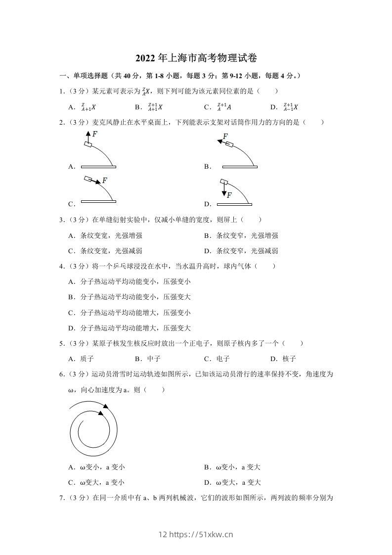 2022年高考物理试卷（上海）（空白卷）-我要学科网