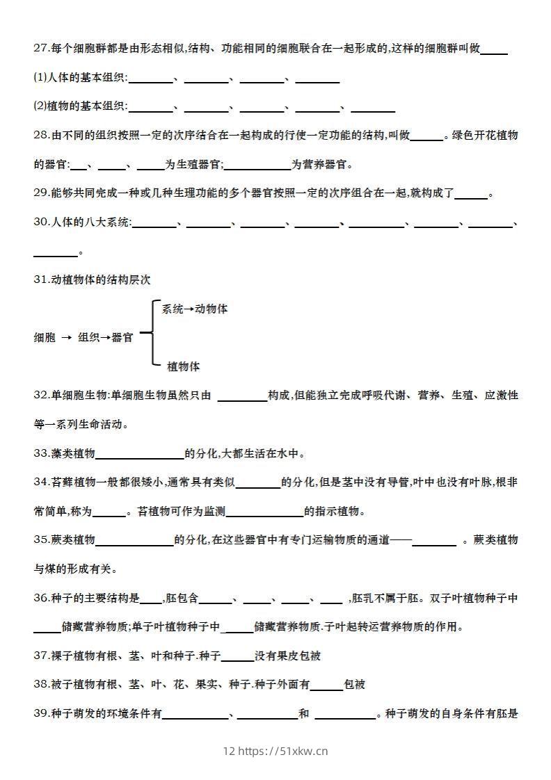 图片[3]-七上生物全册知识点填空72题（空白）-我要学科网