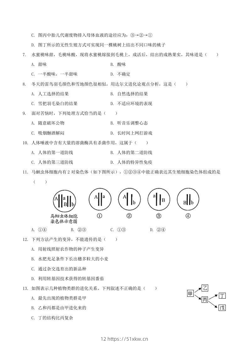 图片[2]-2020-2021学年山西省临汾市襄汾县八年级下学期期末生物试题及答案(Word版)-我要学科网
