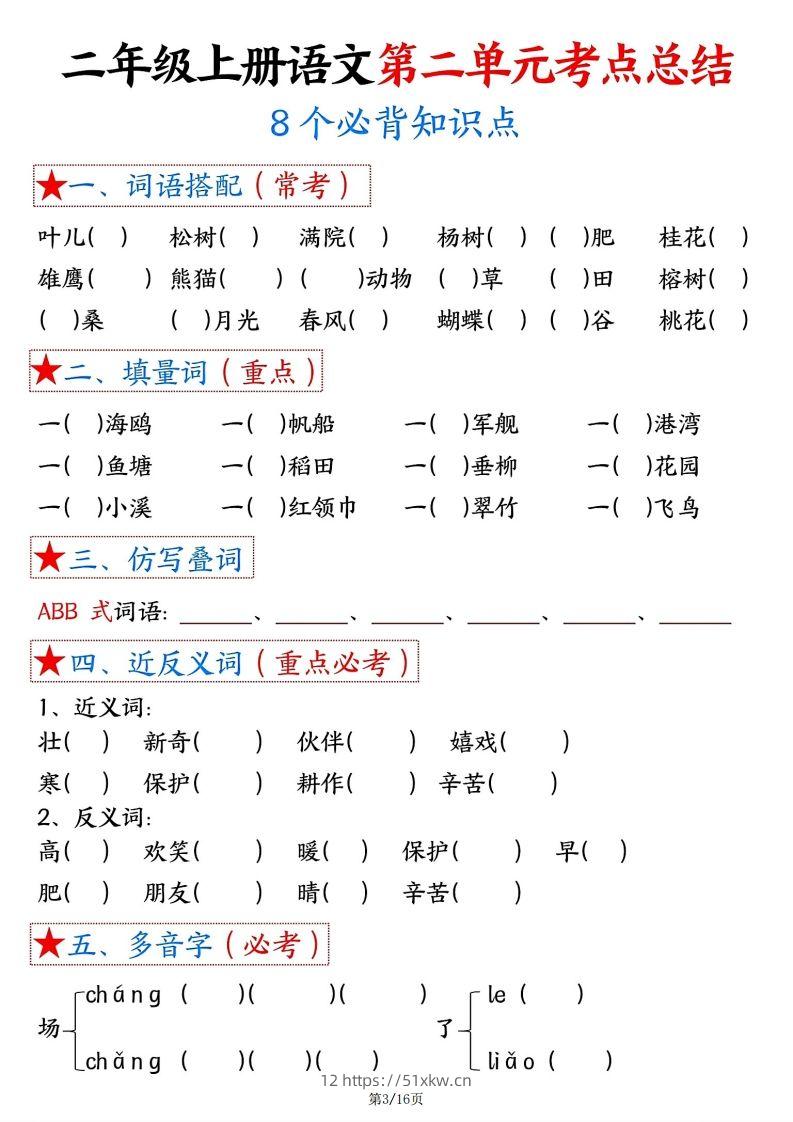 图片[3]-【空白版】二年级上册语文1-8单元考点总结-我要学科网