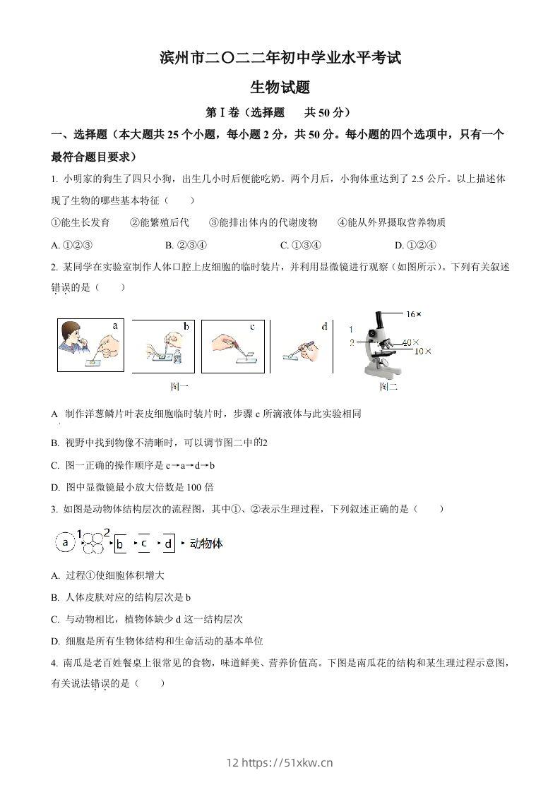 2022年山东省滨州市中考生物真题（空白卷）-我要学科网