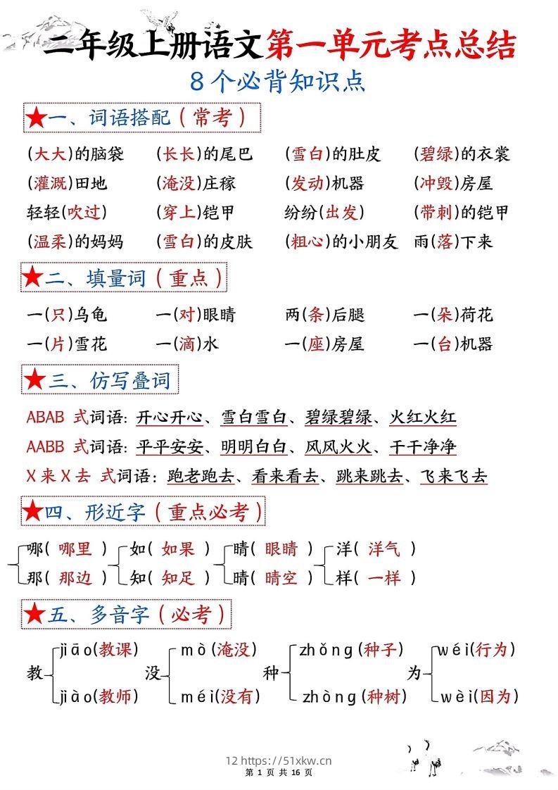 二年级上册语文1-8单元考点总结-我要学科网