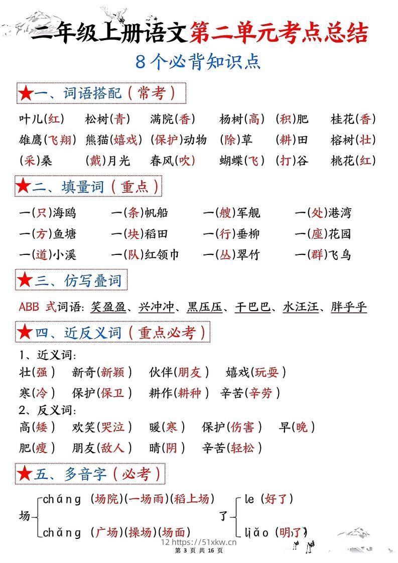 图片[3]-二年级上册语文1-8单元考点总结-我要学科网
