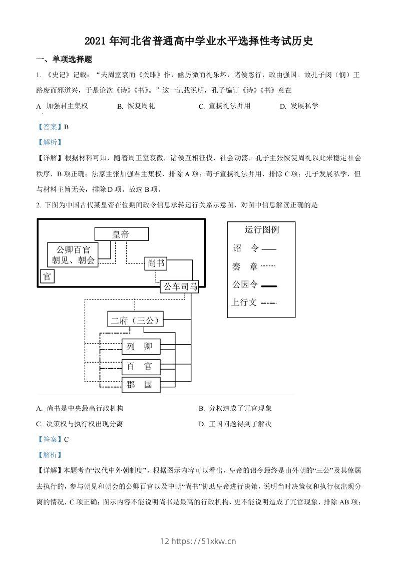 2021年高考历史试卷（河北）（含答案）-我要学科网