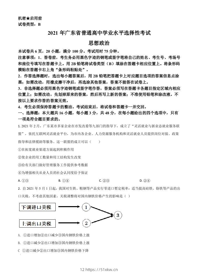 2021年高考政治试卷（广东）（空白卷）-我要学科网