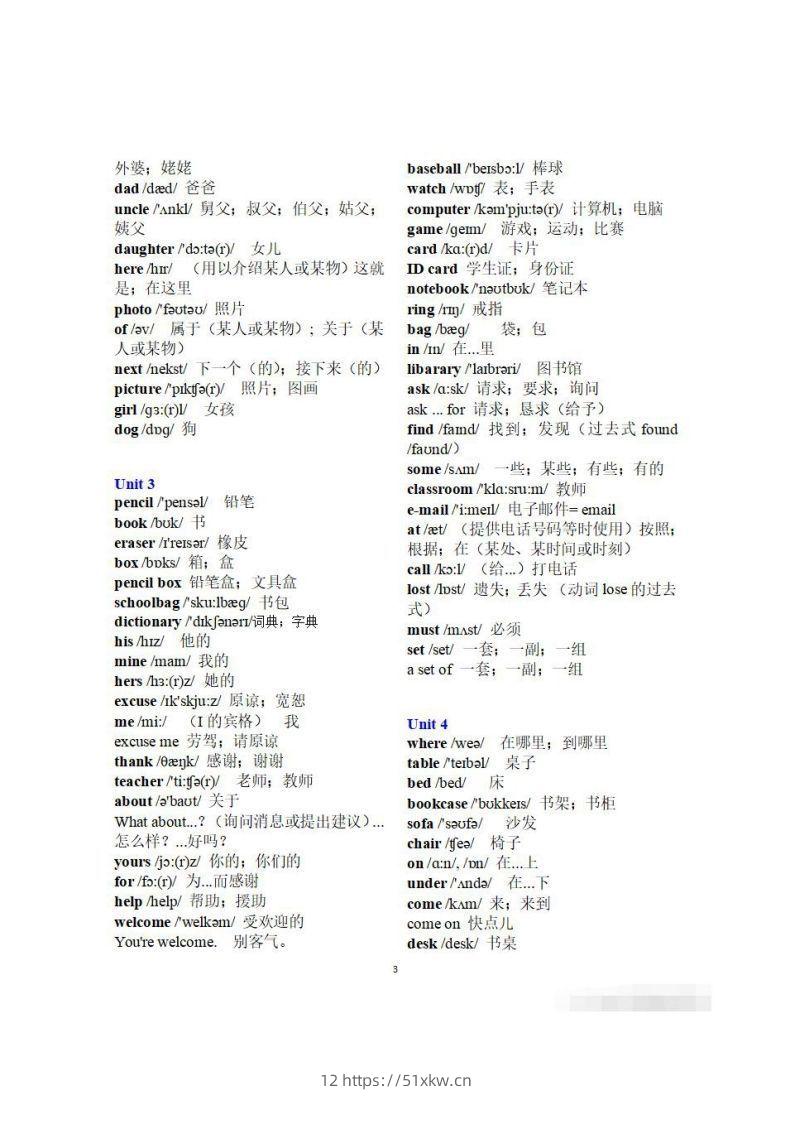 图片[3]-初一英语上册：全册《单词表》（分单元、带音标、词意）-我要学科网