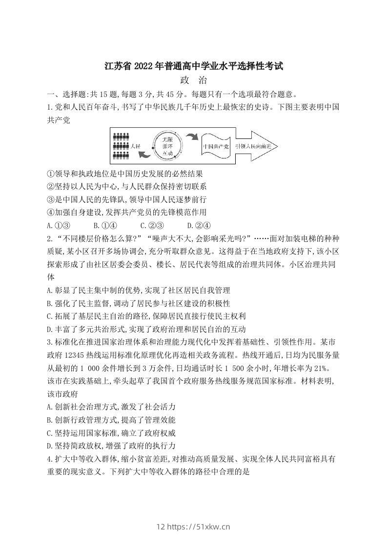 2022年高考政治试卷（江苏）（空白卷）-我要学科网