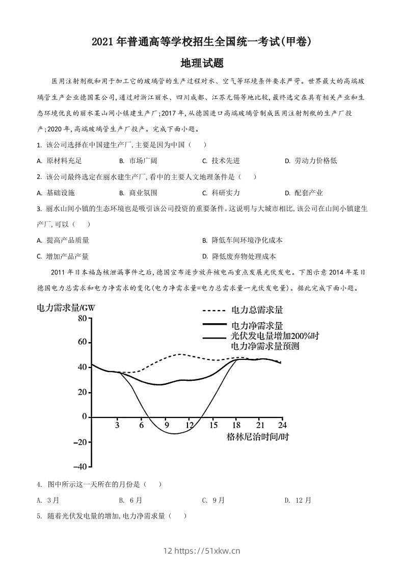 2021年高考地理试卷（全国甲卷）（空白卷）-我要学科网