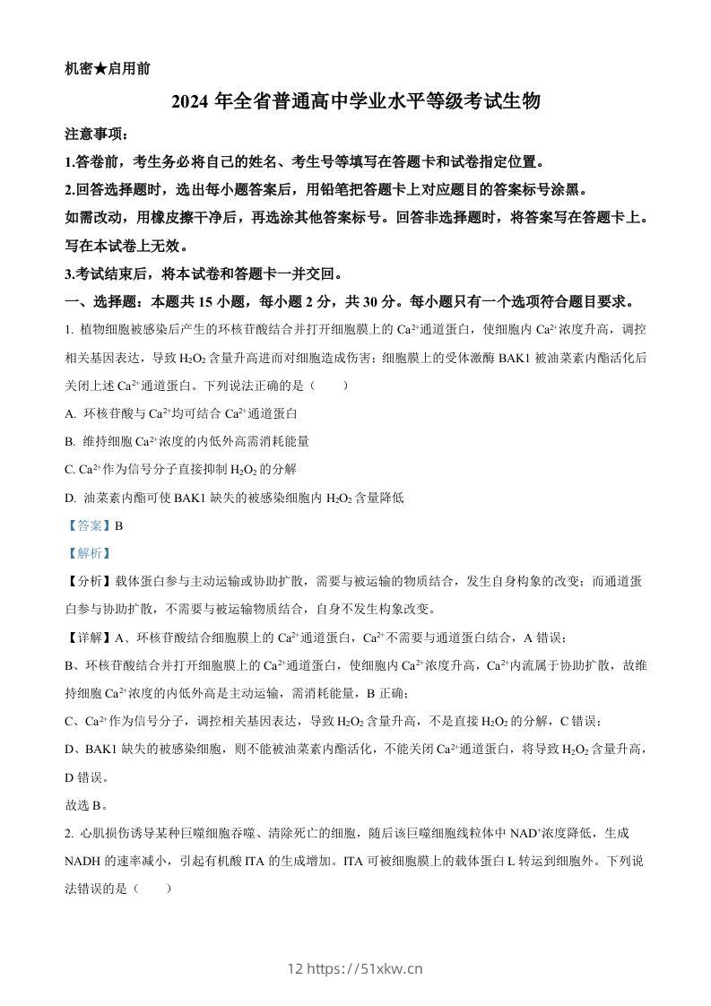 2024年高考生物试卷（山东）（含答案）-我要学科网