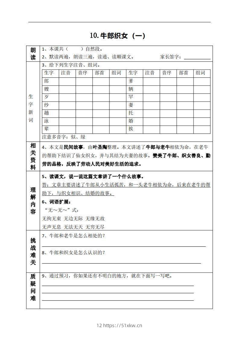 五上语文课前预习（10-15课）-我要学科网