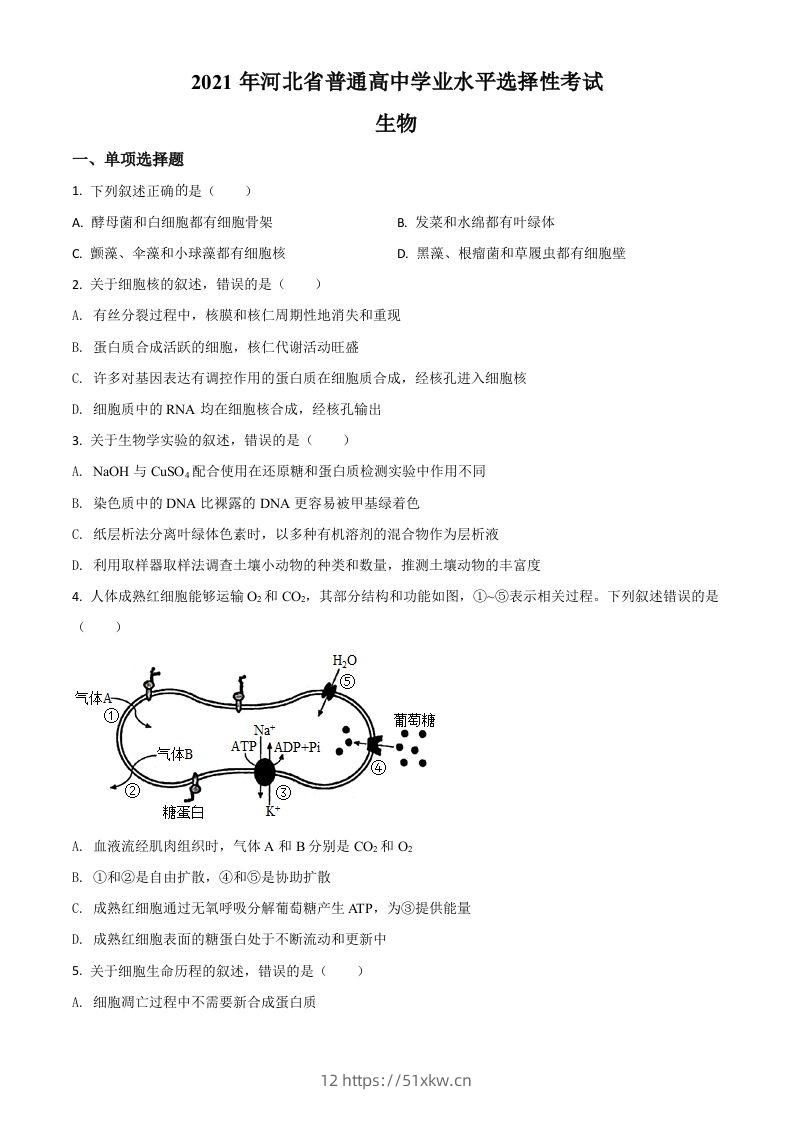 2021年高考生物试卷（河北）（空白卷）-我要学科网