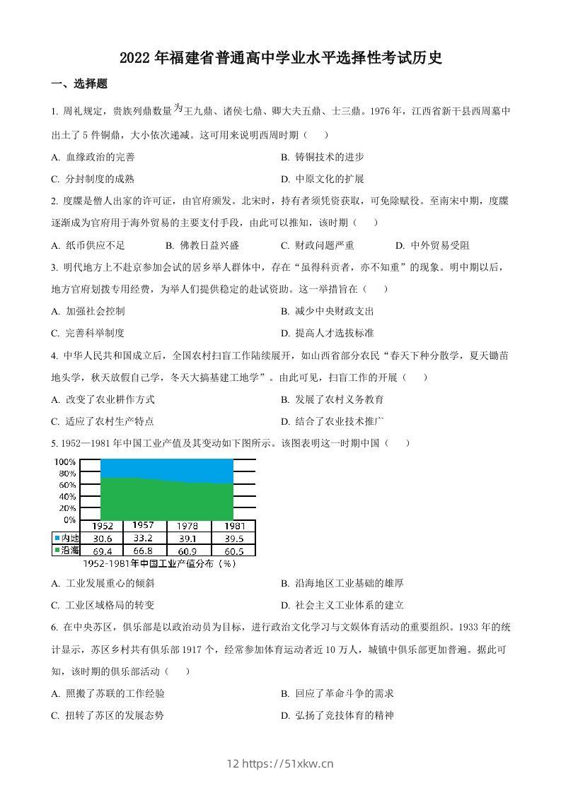 2022年高考历史试卷（福建）（空白卷）-我要学科网