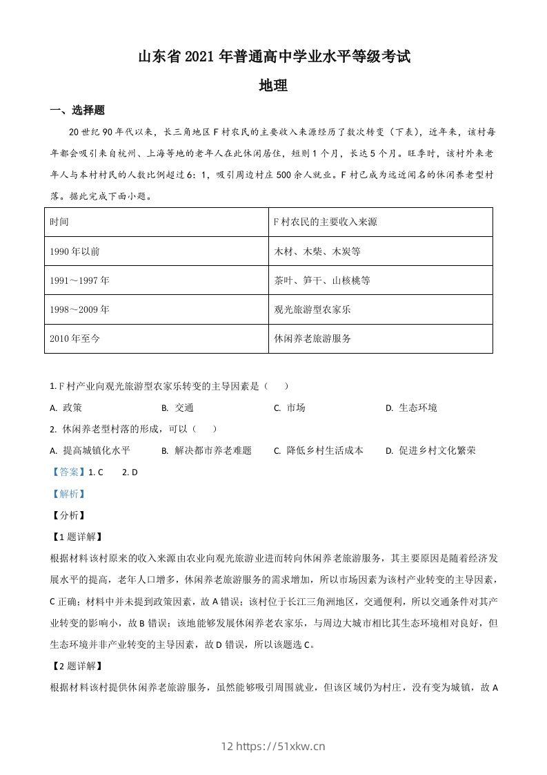 2021年高考地理试卷（山东）（含答案）-我要学科网