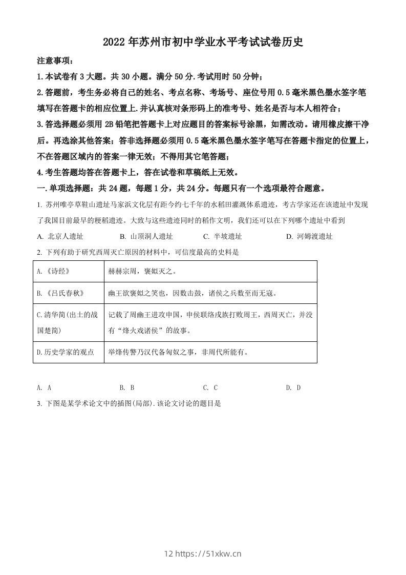 2022年江苏省苏州市中考历史真题（空白卷）-我要学科网